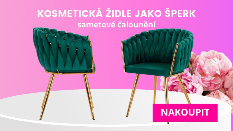 Designová kosmetická židle se sametovým čalouněním v zelené barvě s luxusními zlatými nohami, ideální pro moderní kosmetické salony.